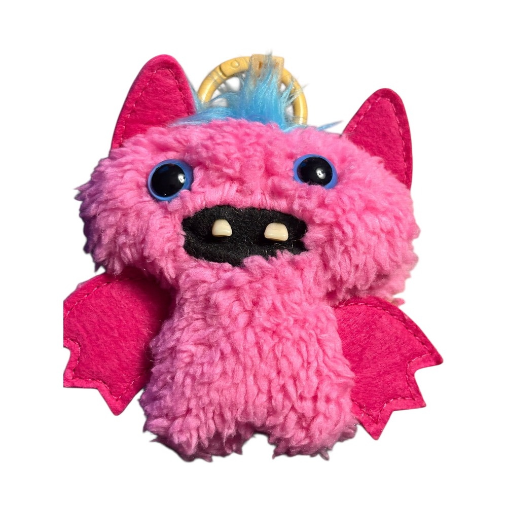 Fuzzy Pink Winged Bat Monster Plush Keychain Toy Blue Hair Button Eyes